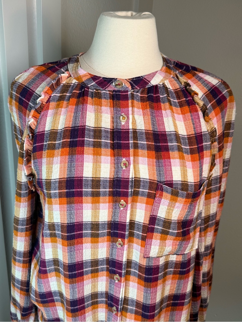 Pilcro Plaid Ruffle Button Front Blouse Small Boho Cottagecore Fall Top - Picture 3 of 12